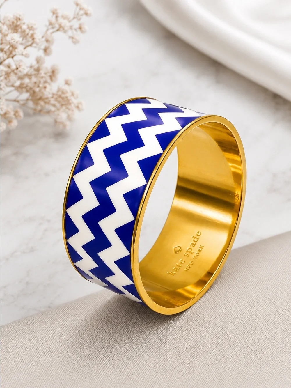 Kate Spade Blue and White Chevron Enamel Gold-Tone Bangle - Picture 3 of 5